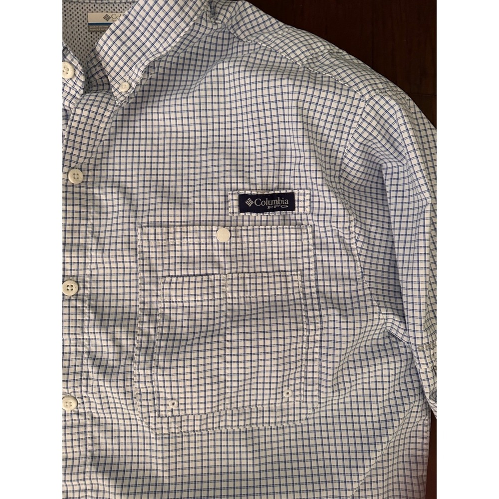 Columbia PFG Mens Large Blue White Check Long Sleeve Fishing Shirt Ventilated
